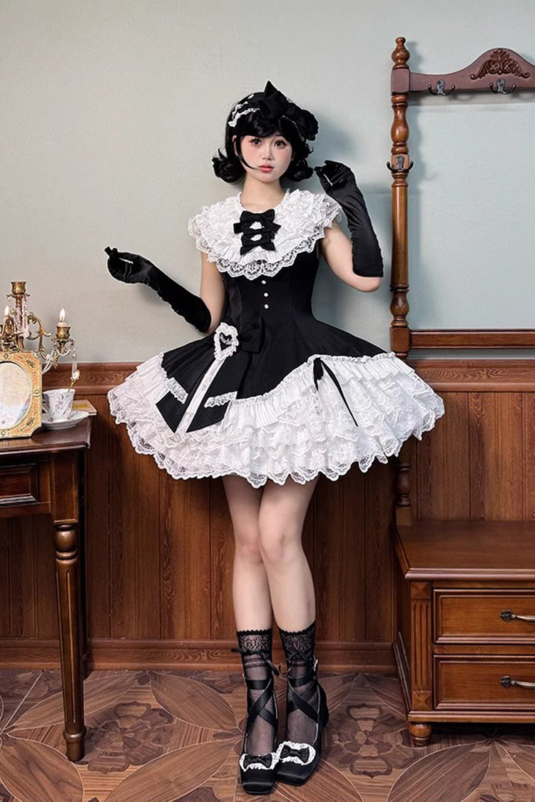 Black/White Miss Tsundere Sleeveless Multi-Layered Ruffle Bowknot Lace Asymmetric Sweet Princess Lolita Dress