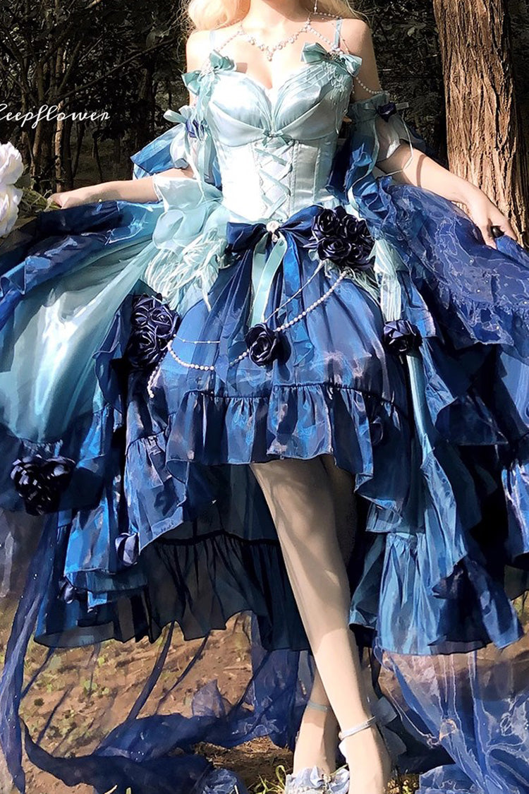 Undersea Blue Swan Wonderland Embroidery Bowknot Lace-Up Short Front Long Back Irregular Sweet Ballet Lolita Jsk Dress