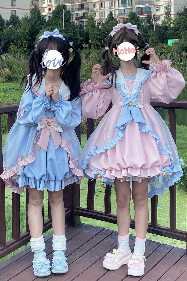 Pink Long Sleeves Music Notes Print Ruffle Bowknot Lace Sweet Lolita Dress