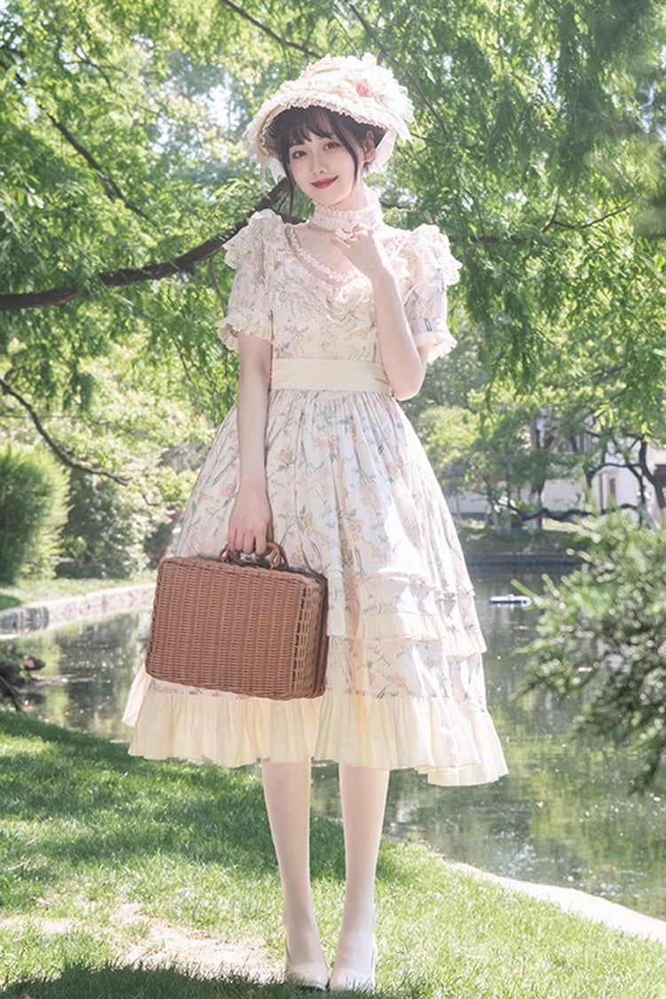 Multi-Color Daisy Print Cherry Embroidery Edwardian Collar Short Sleeves Sweet Lolita Dress