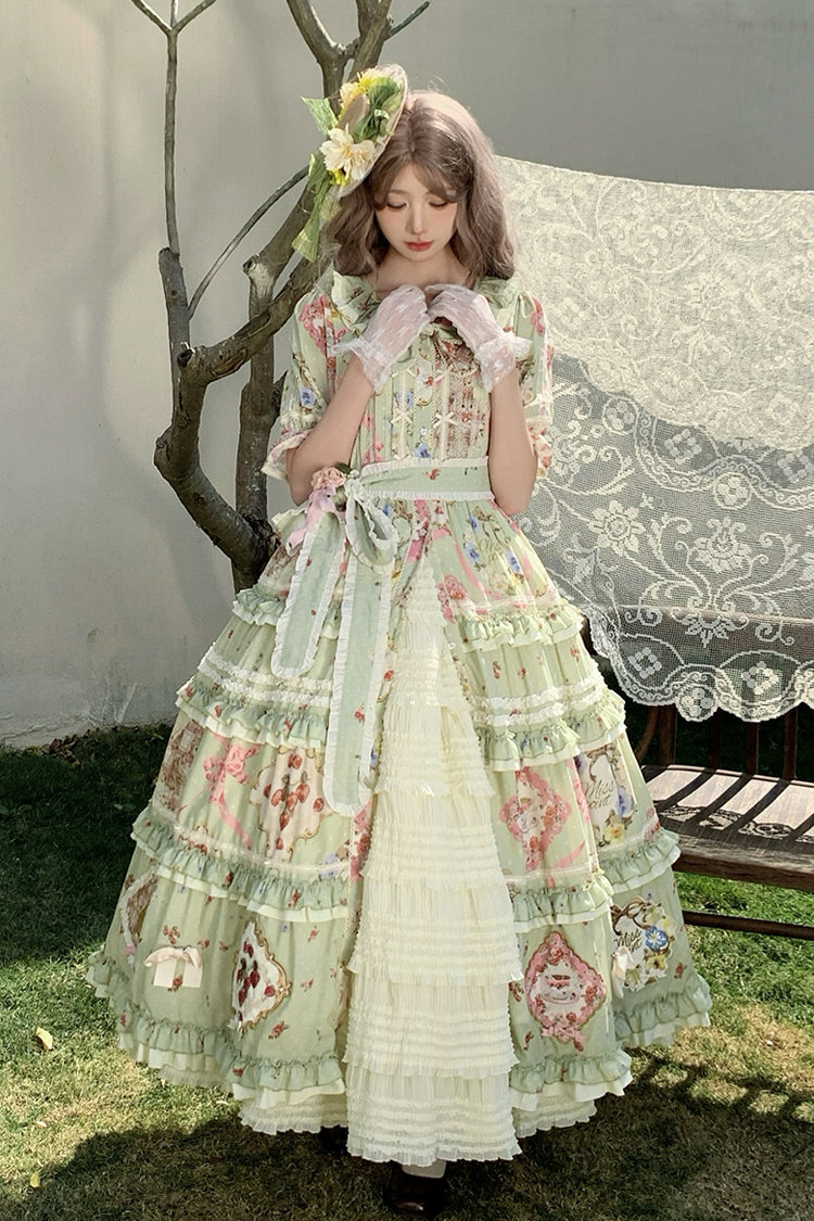 Green Cat Rose Tea Short Sleeves Print Ruffle Cardigan Bowknot Sweet Gorgeous Lolita Dress