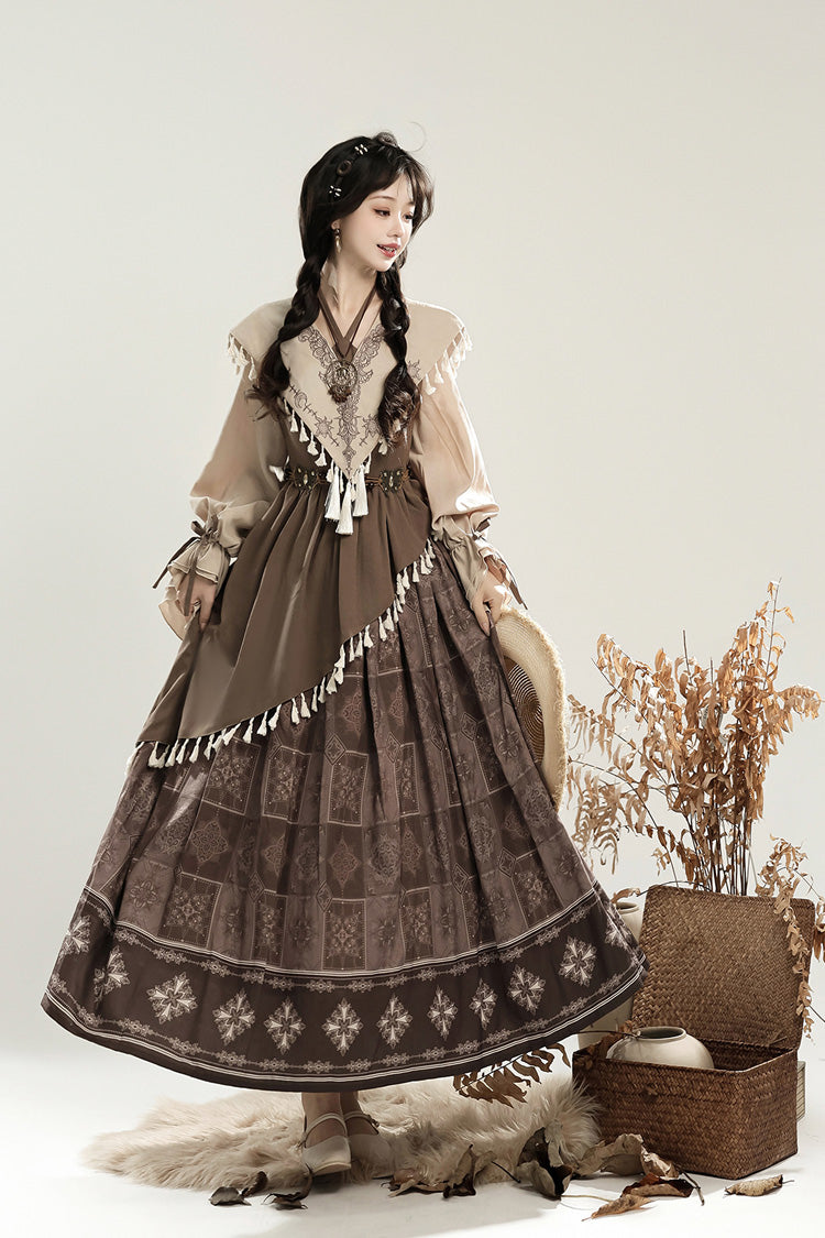 Brown Mysterious Tribe Long Lantern Sleeves Print Ruffle Asymmetric Sweet Chinese Style Lolita Dress