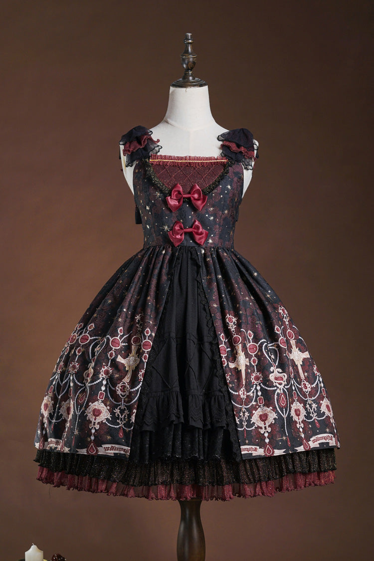 Red/Black Stone of Eden Triple-Layered Print Ruffle Hot Stamping Cardigan Bowknot Lace Elegant Sweet Lolita Jsk Dress