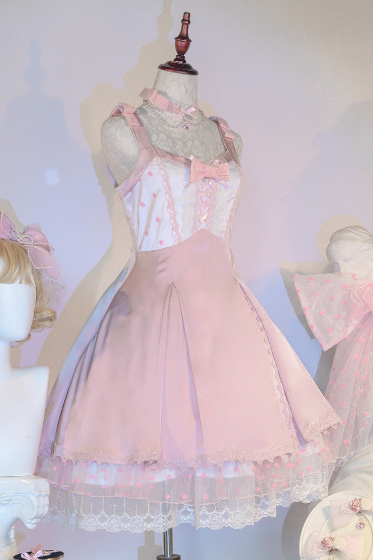 Pink Polka Waltz Sleeveless Print Bowknot Stitching Lace Sweet Lolita Jsk Dress