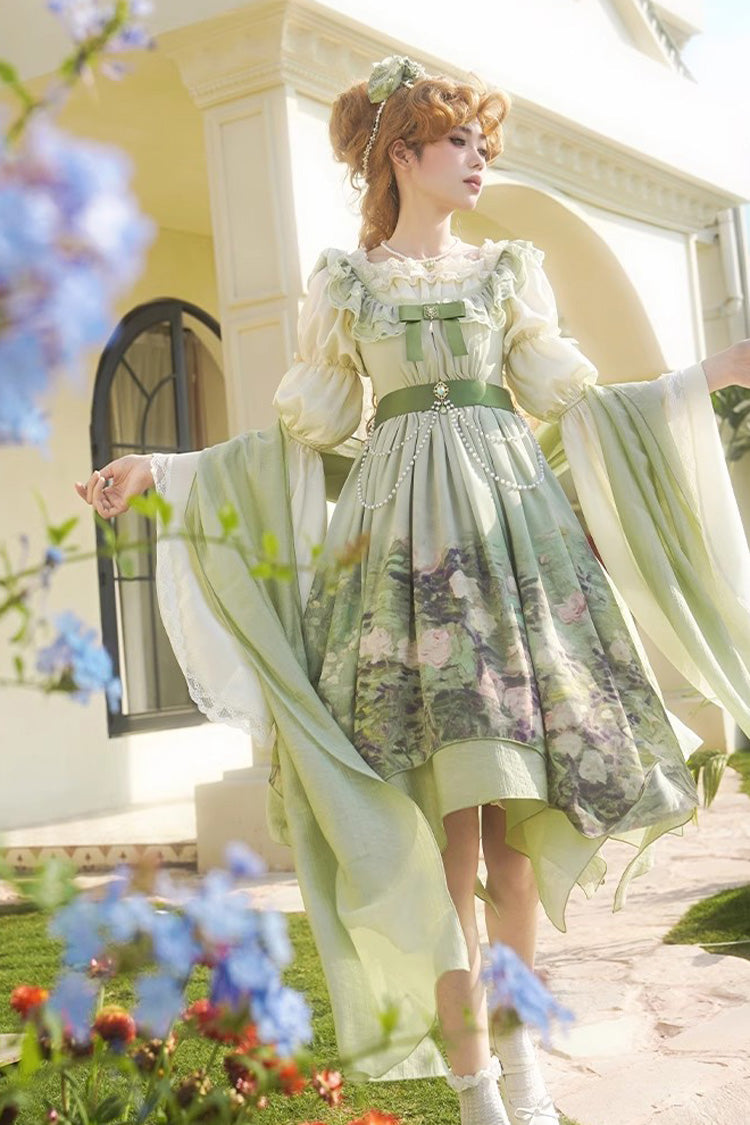 Green Blooming Roses Print Oil Painting Chiffon Ruffle Bowknot Irregular Sweet Lolita Jsk Dress