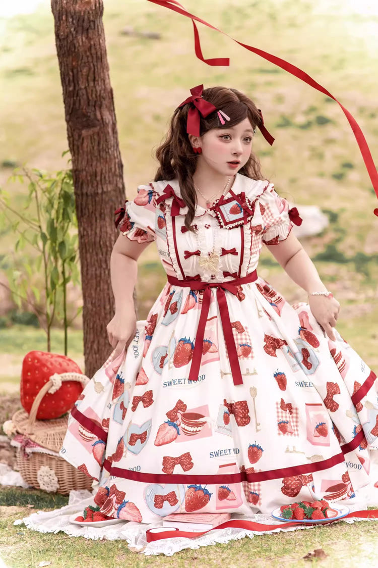 Multi-Color Strawberry Bowknot Print Short Sleeves Short Version Sweet Lolita Dress
