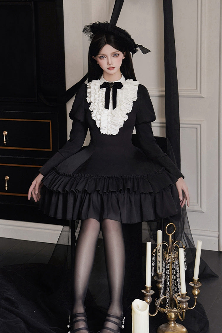 Black Miss Weir Stand Collar Long Sleeves Double-Layered Ruffle Gothic Lolita Dress