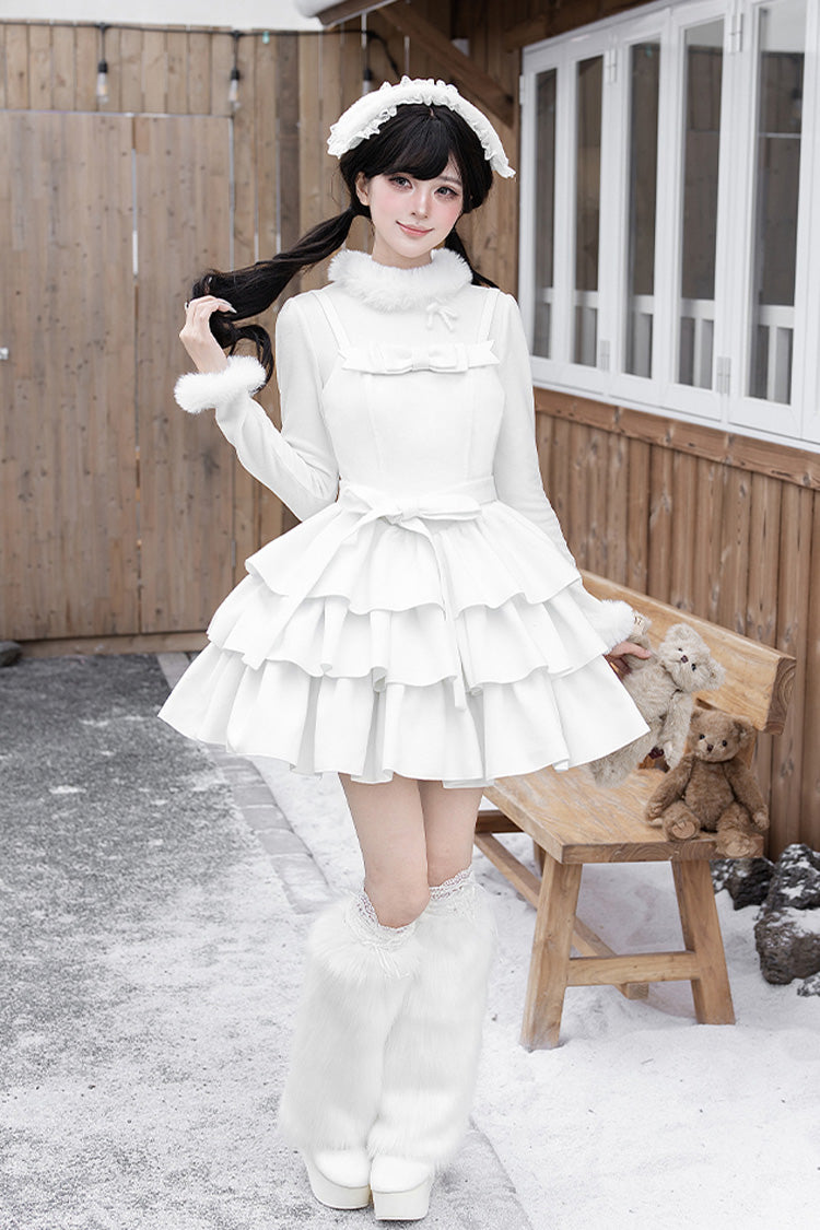 White Chocolate Triple-Layered Ruffle Bowknot Sweet Lolita Jsk Dress Set