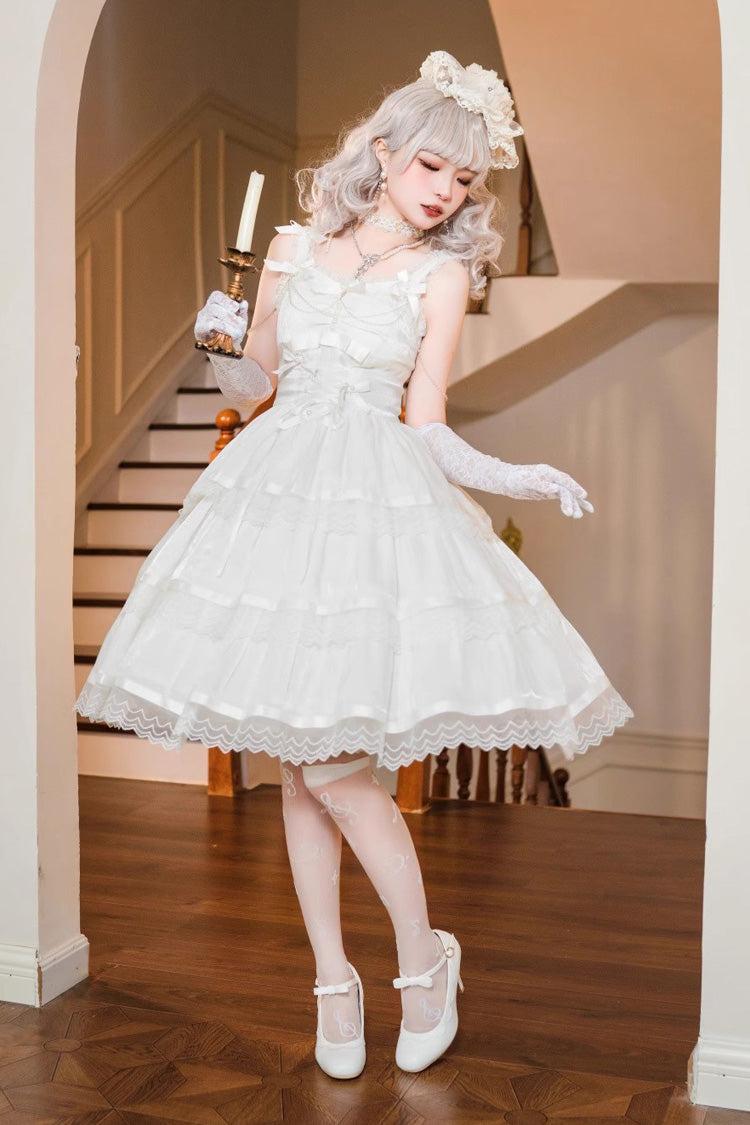 White Sleeveless Multi-layer Ruffle Bowknot Sweet Princess Lolita Jsk Dress