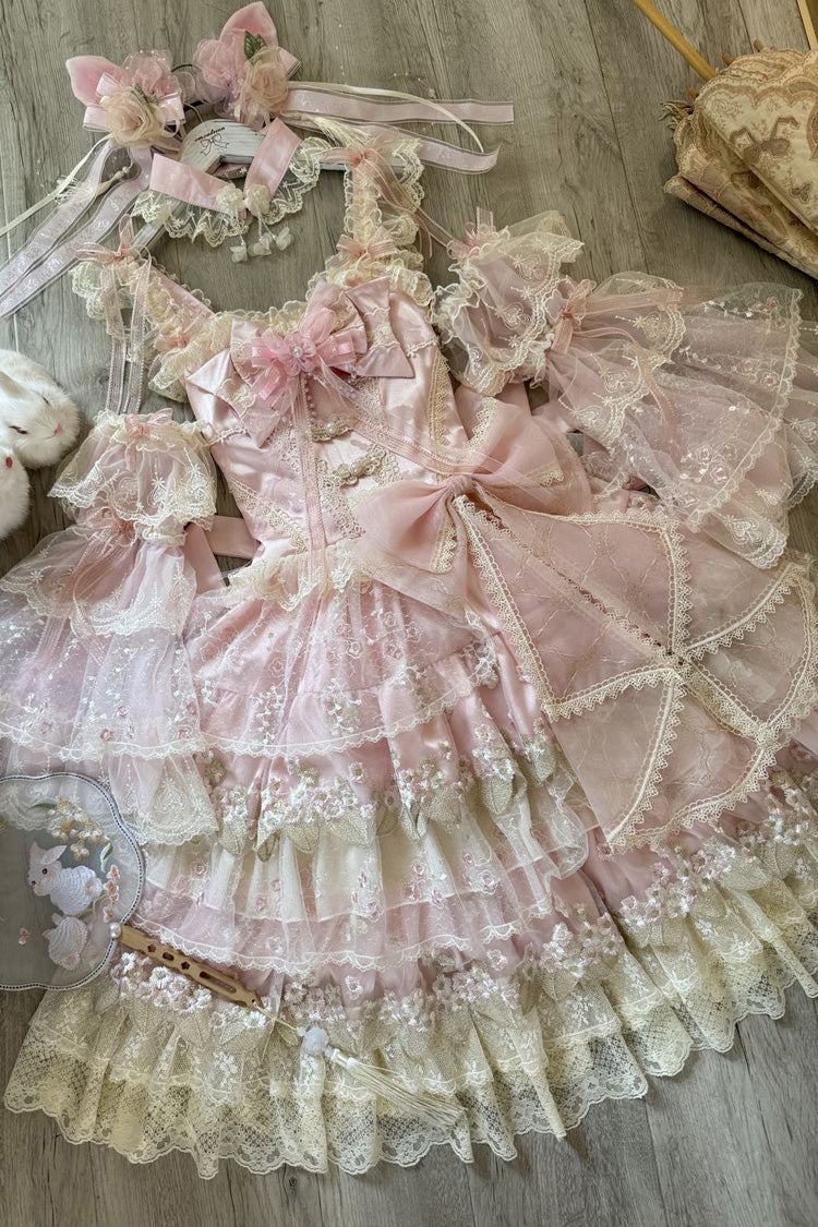 Pink Falling Flowers in the Rain Sleeveless Ruffle Embroidery Bowknot Sweet Chinese Style Lolita Jsk Dress
