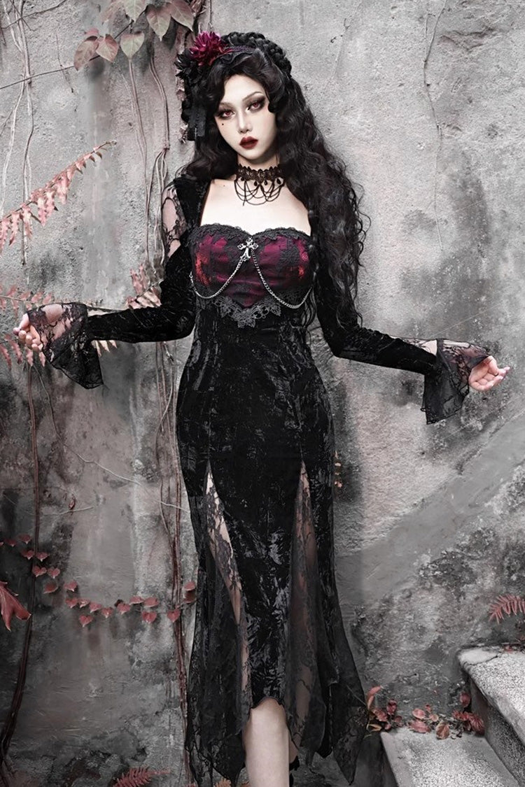 Black/Red Rose Cemetery Long Sleeves Lace Slim Gothic Lolita Fishtail Dress