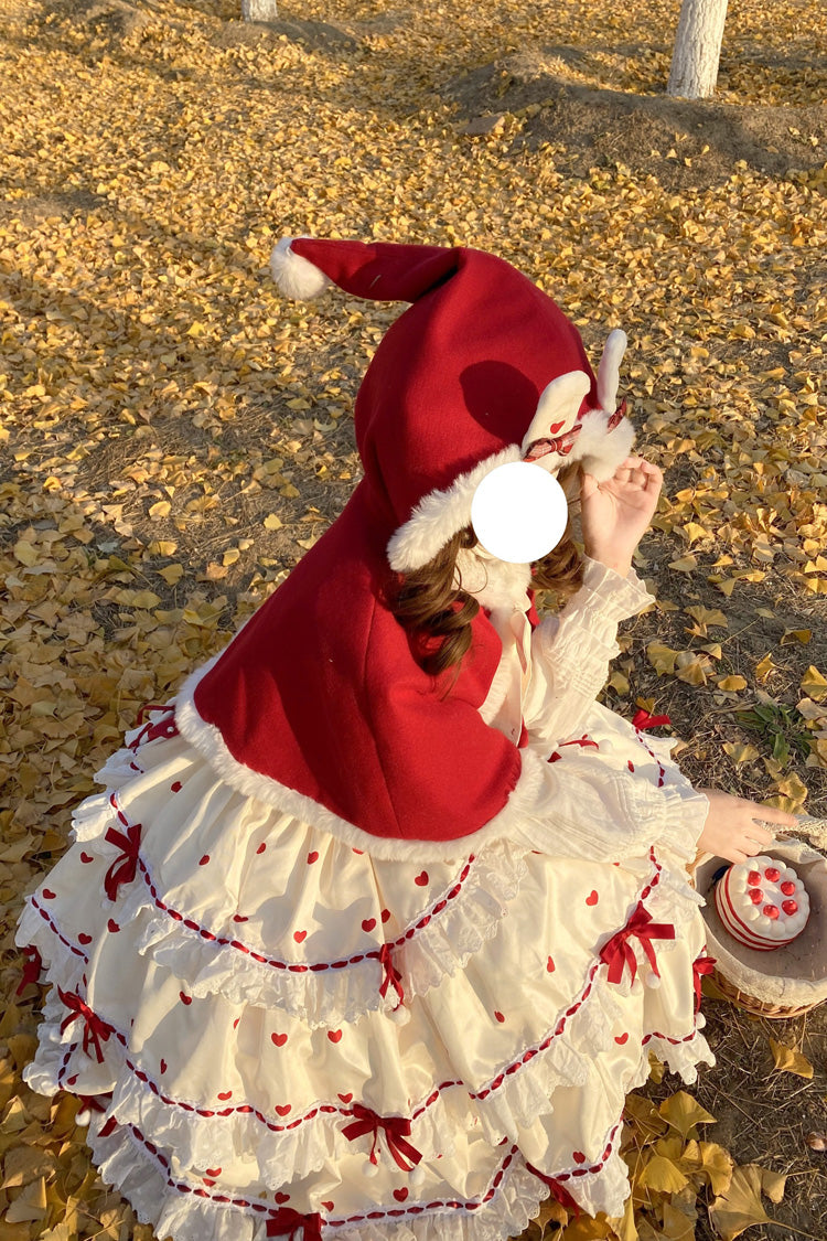 Red/Apricot Triple-Layered Print Ruffle Bowknot Lace Sweet Princess Lolita Dress Cloak Set