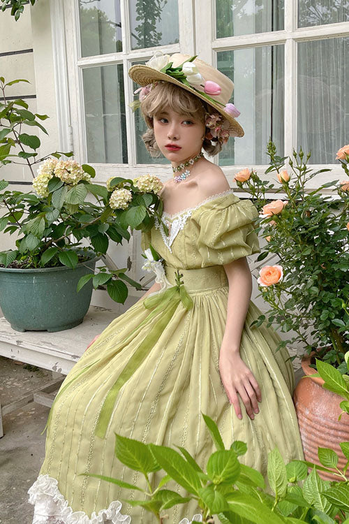 Green Elegant Vintage Square Collar Short Sleeves Multi-Layer Ruffled Classic Lolita OP Dress