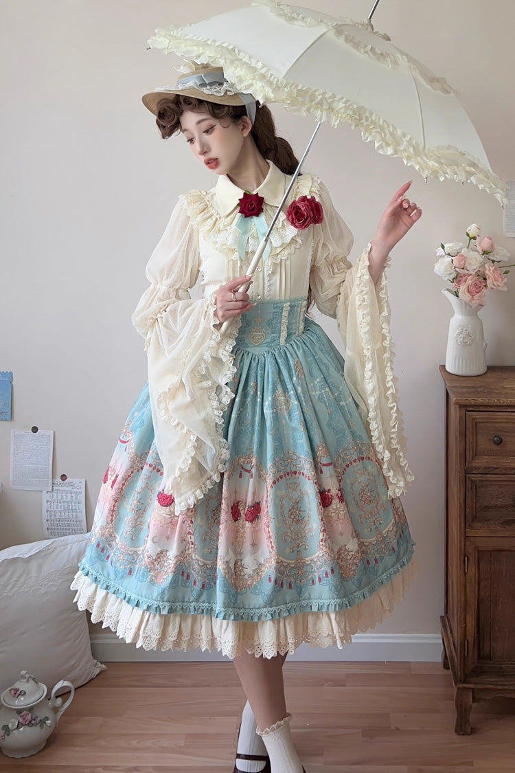 Blue Moonlit Garden Secret Print Ruffle Embroidery Lace Sweet Elegant Palace Lolita Skirt