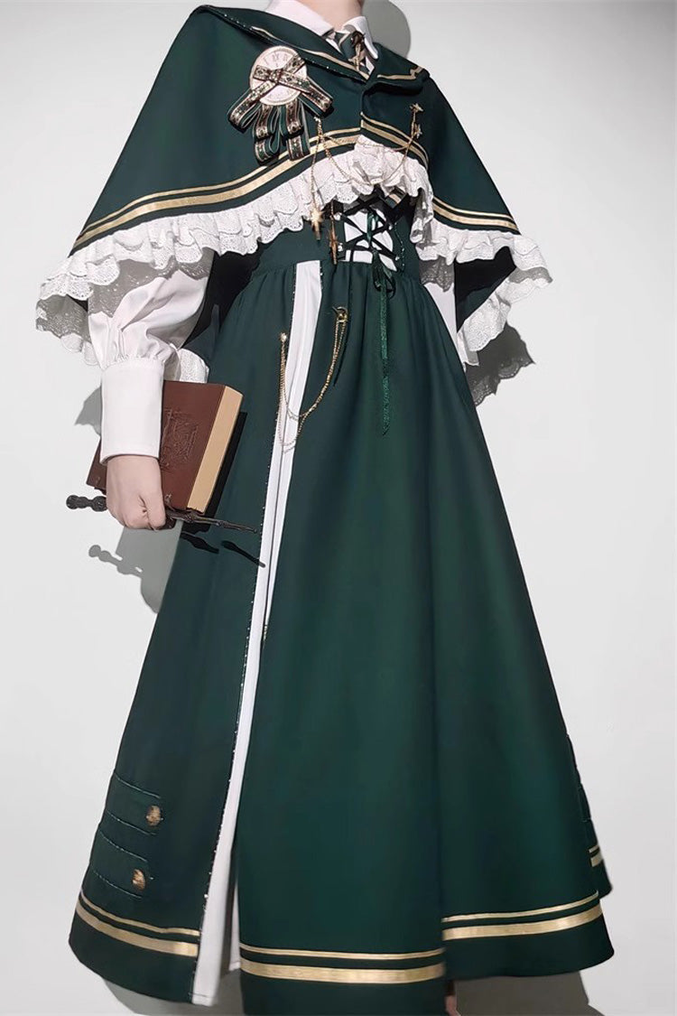 Green Time Traveler Print College Style Sweet Lolita Strap Dress 4 Piece Set