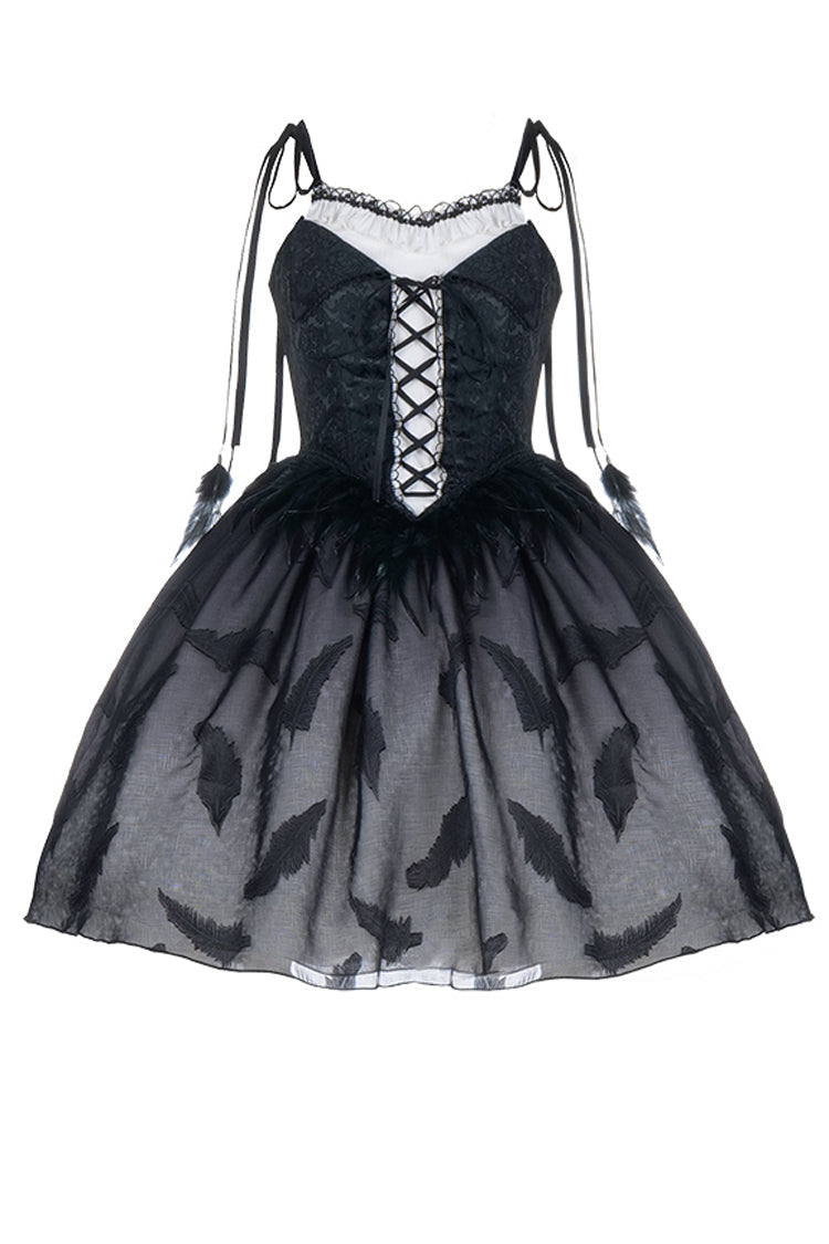 Silent Melody Elegant Black Swan Ballet Feather Print Gothic Lolita Jsk Dress