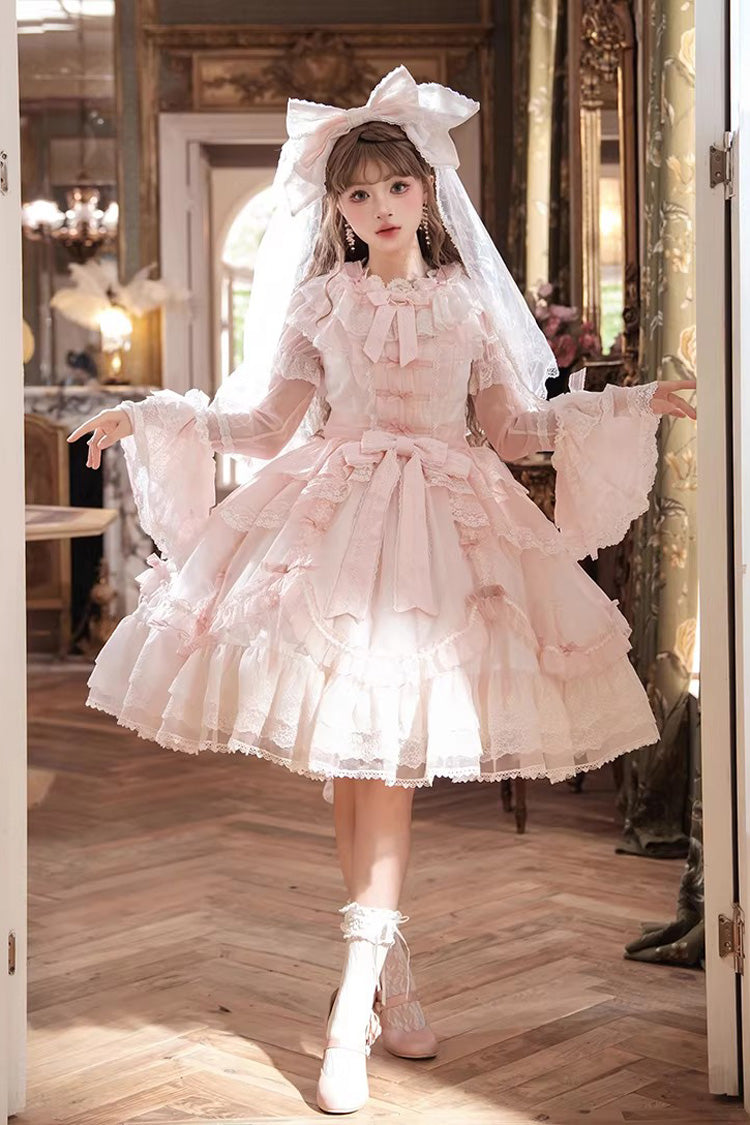Pink Candy Flavor Round Collar Short Sleeves Ruffled Bow Lace Sweet Gorgeous Lolita OP Dress