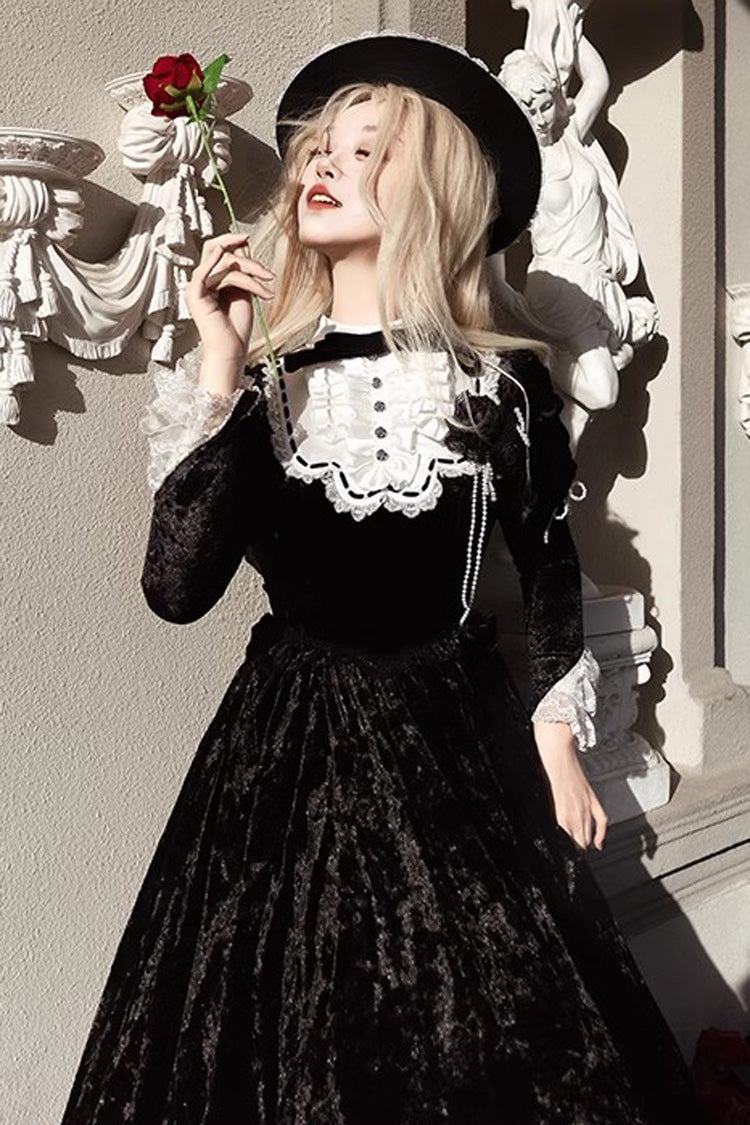 Black Whispering Castle Long Sleeves Ruffle Bowknot Lace Gothic Lolita Dress