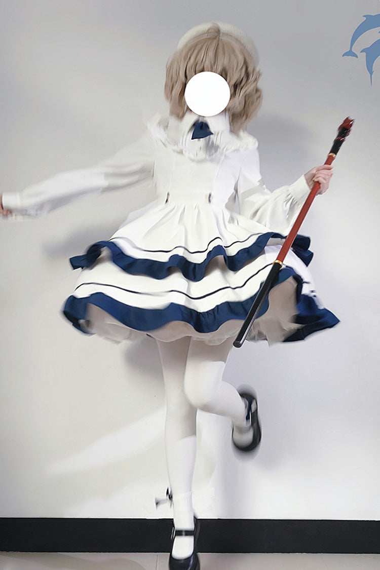 White Long Sleeves Double-Layered Ruffle Sweet College Style Lolita Dress