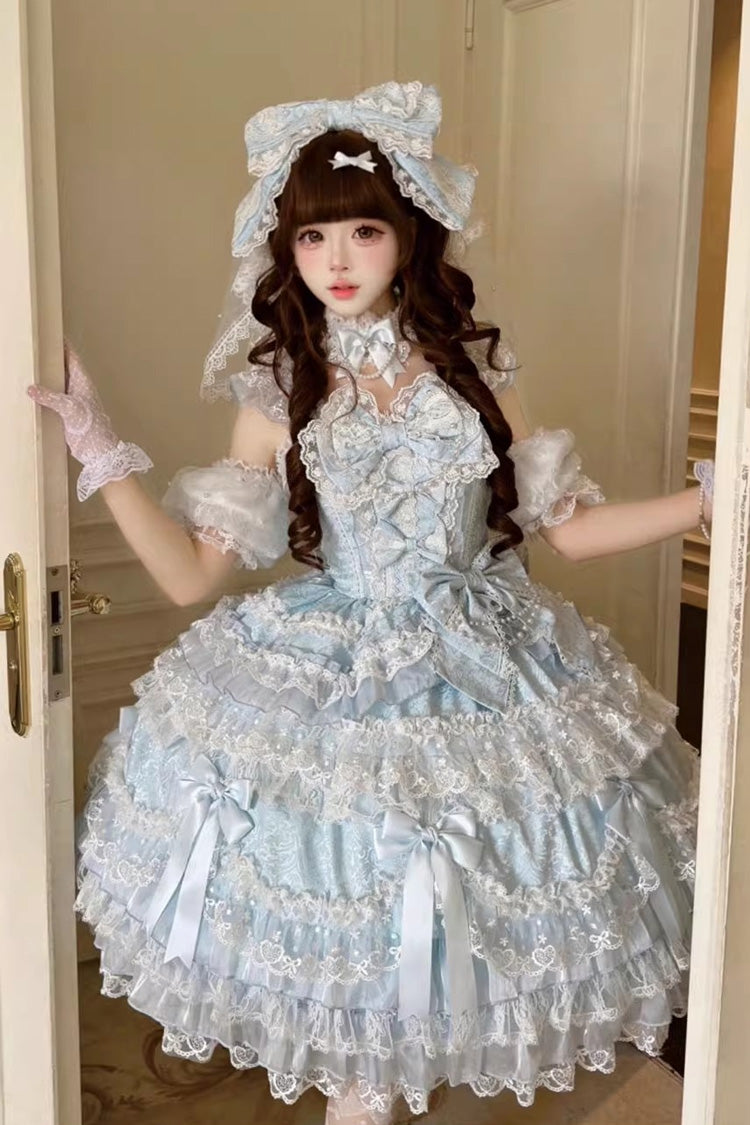 Blue Dream of the Misty Moon Sleeveless Multi-Layered Ruffled Bow Lace Pearl-Decorated Sweet Princess Lolita Jsk Dress