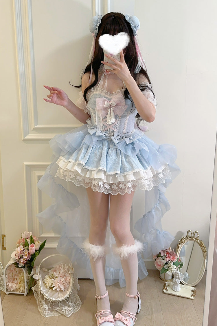 Blue Rain and Flowers Halterneck Jacquard Ruffle Bowknot Lace Sweet Lolita Jsk Dress