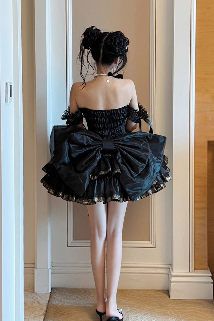 Black Princess Ribbon Off Shoulder Triple-Layered Ruffle Bowknot Sweet Lolita Dress