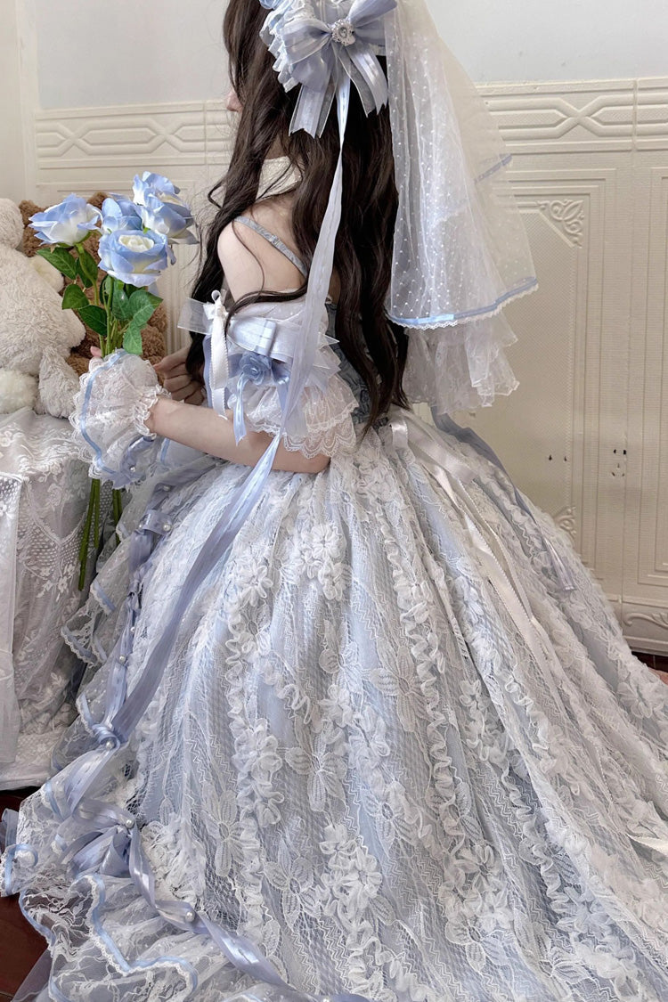 Blue Diane Rose Short Sleeves Multi-Layered Jacquard Ruffle Hanayome Cardigan Bowknot Lace Sweet Lolita Dress