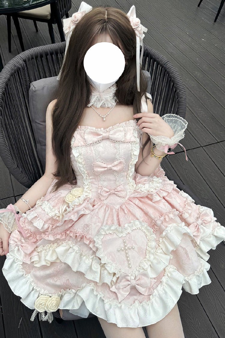 Pink Heart of Butterfly Halterneck Sleeveless Multi-Layered Ruffle Embroidery Princess Ballet Lolita Jsk Dress Set