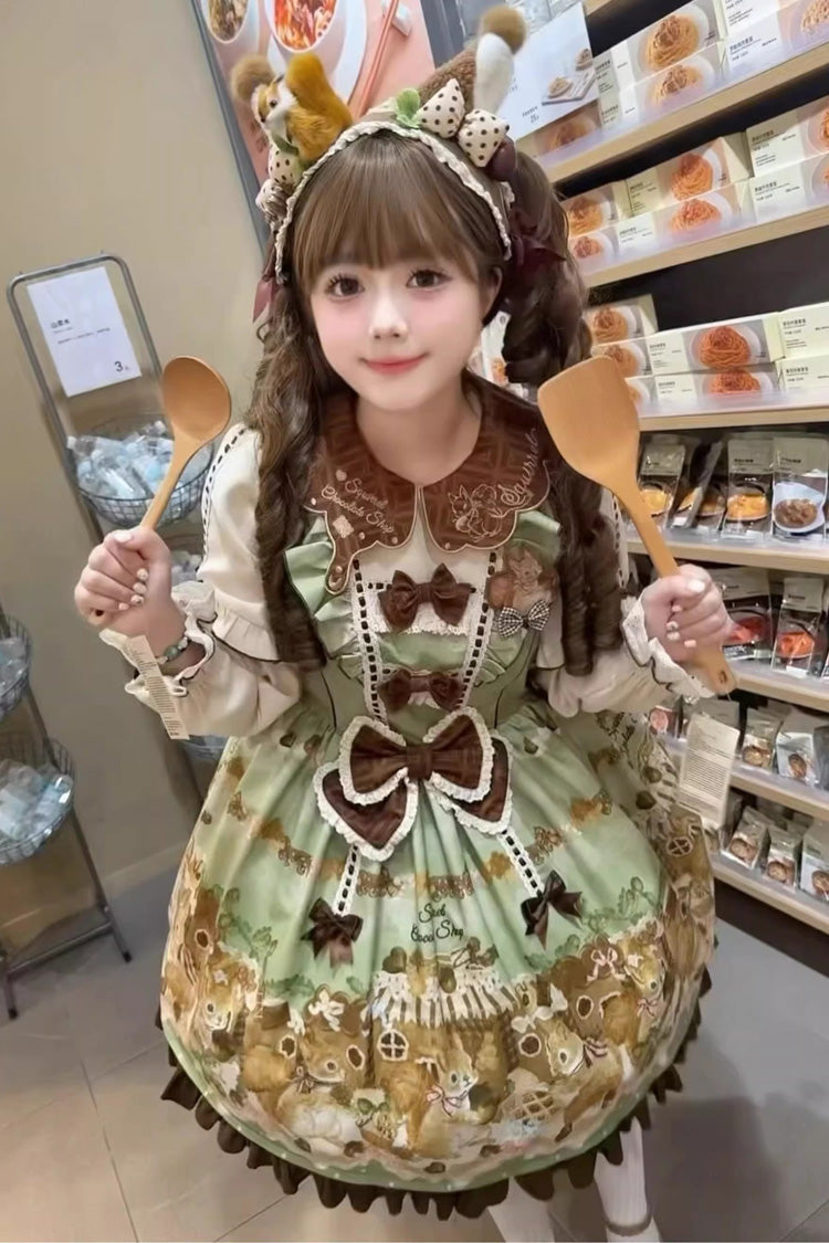 Green Squirrel Chocolate Shop Doll Collar Long Sleeves Printed Ruffled Bow Sweet Lolita Dress