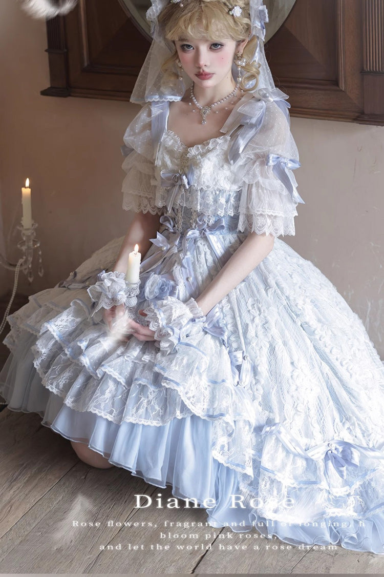 Blue Diane Rose Short Sleeves Multi-Layered Jacquard Ruffle Hanayome Cardigan Bowknot Lace Sweet Lolita Dress