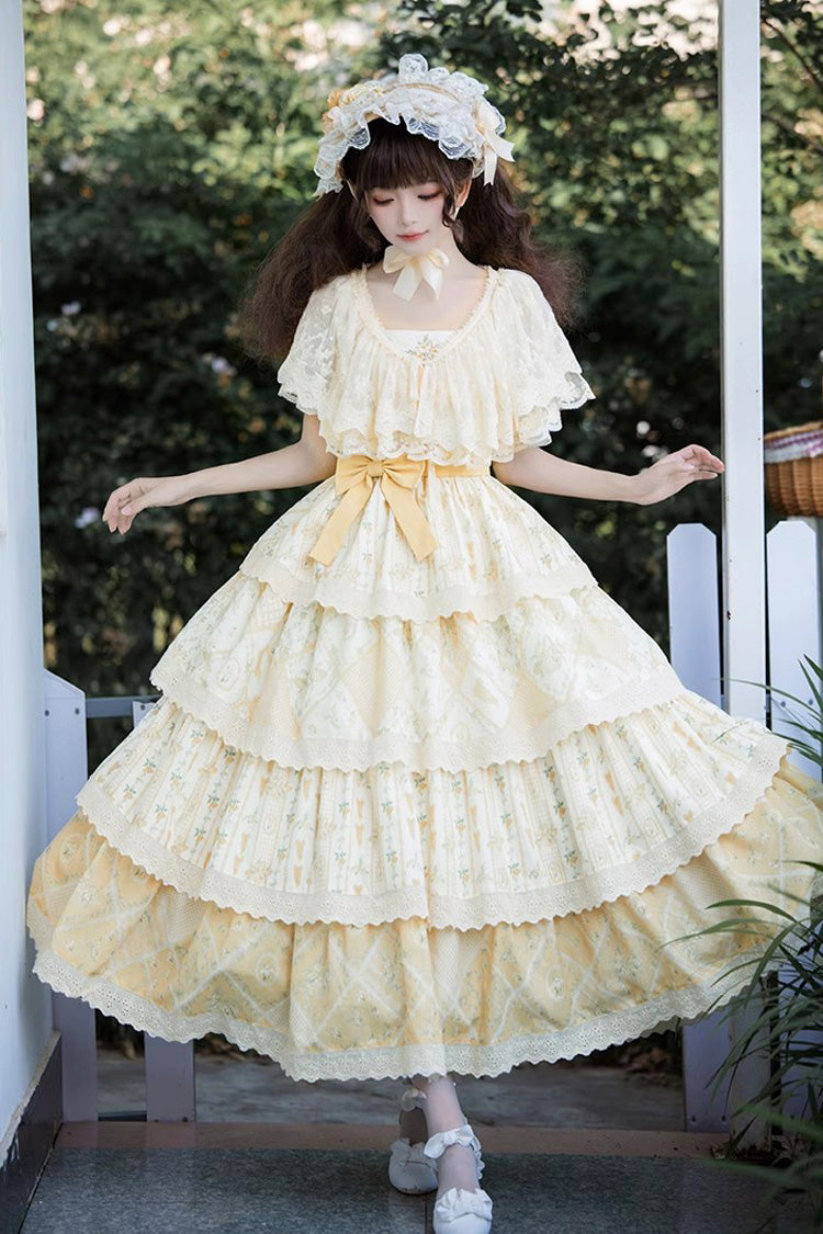 Yellow Multi-layer Sunflower Print Ruffle Embroidery Sweet Chinese Style Lolita Jsk Dress