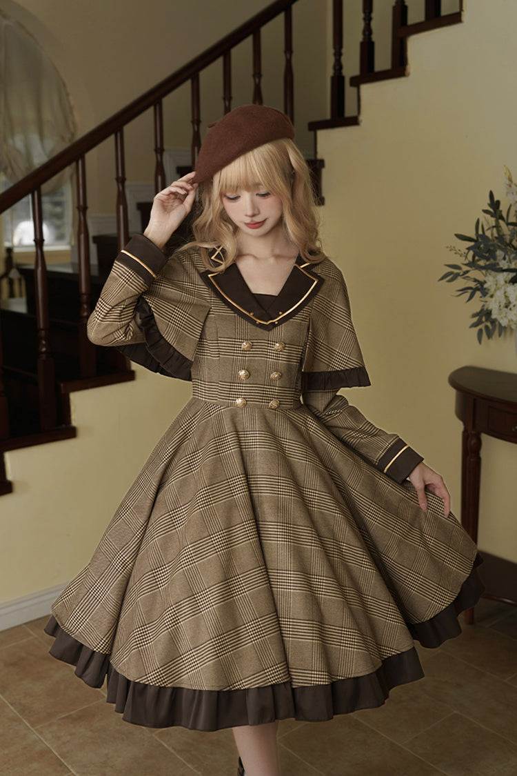 Brown Baker Street Stories Stripe Print Ruffle Fake Two Pieces British College Style Classic Lolita Dress