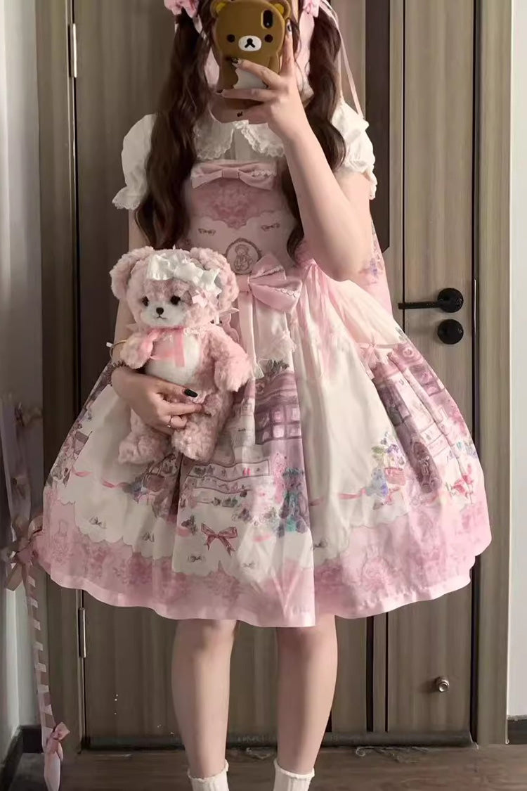 Pink Little Bear Shop Print Sleeveless Bowknot Lace Sweet Princess Lolita Jsk and Strap Dress