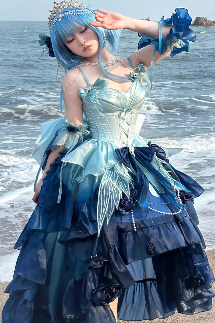 Undersea Blue Swan Wonderland Embroidery Bowknot Lace-Up Short Front Long Back Irregular Sweet Ballet Lolita Jsk Dress