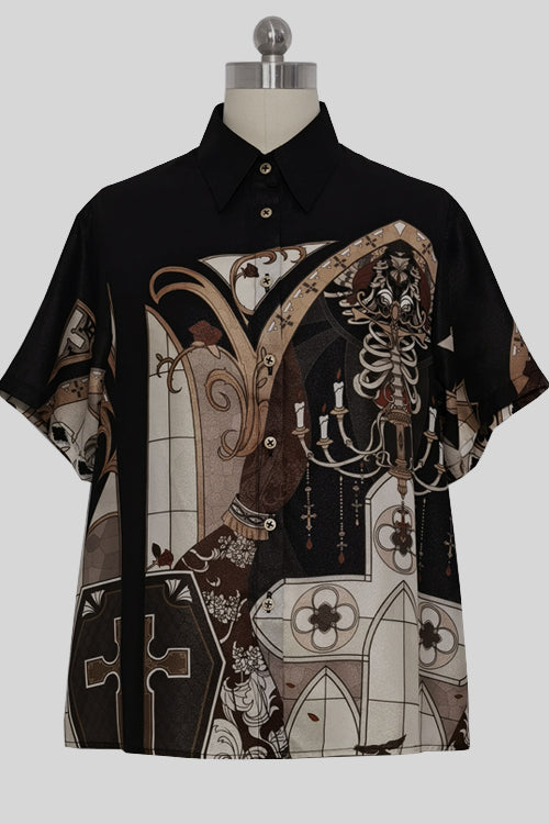 Lapel Collar Night Command Print Loose Short Sleeves Ouji Lolita Blouse