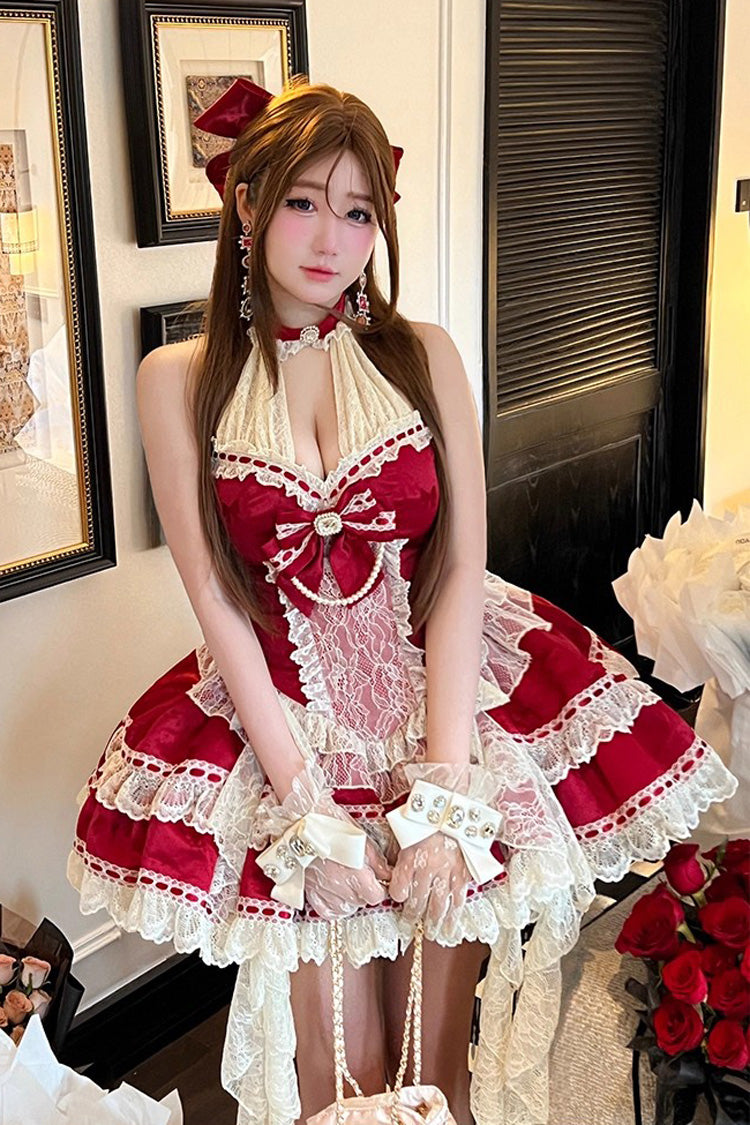 Red Beloved Young Lady Halterneck Sleeveless Double-Layered Ruffle Bowknot Lace Elegant Sweet Lolita Dress