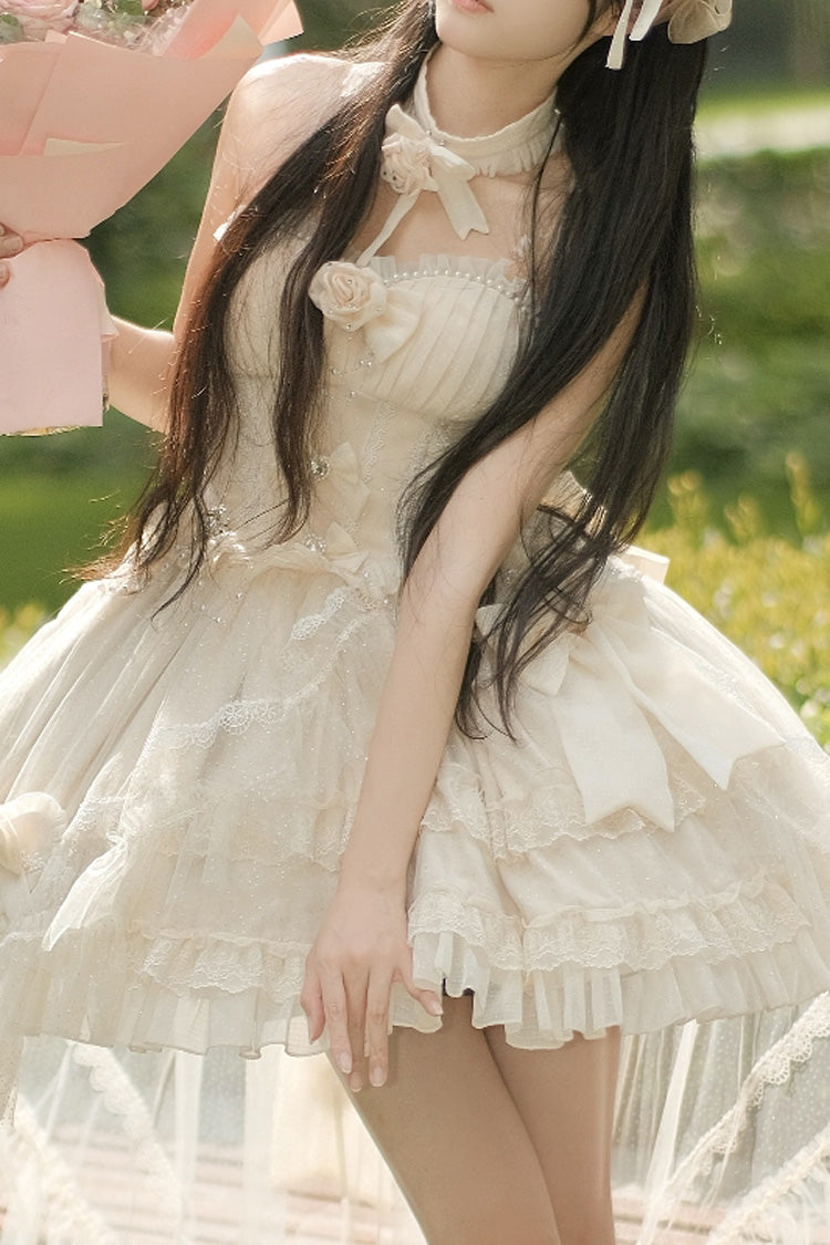 Ivory Galaxy Flower Language Multi-Layered Ruffle Bowknot Sweet Lolita Tube Top Dress