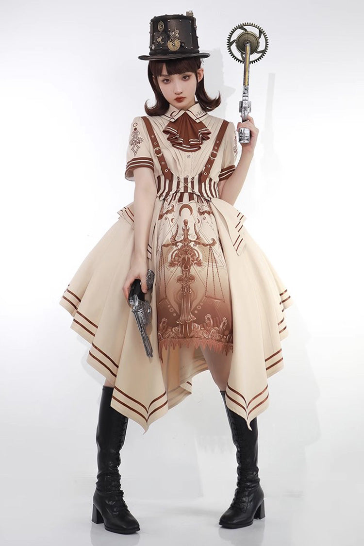 Brown Short Sleeves Libra Print Punk Vintage Lolita Dress