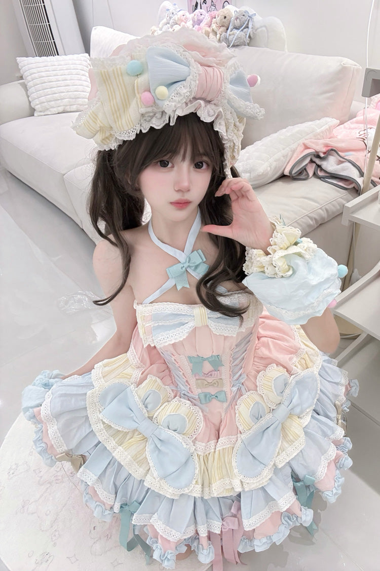 Multi-Color Ribbon Dance Multi-Layered Ruffle Bowknot Lace-Up Sweet Princess Lolita Dress