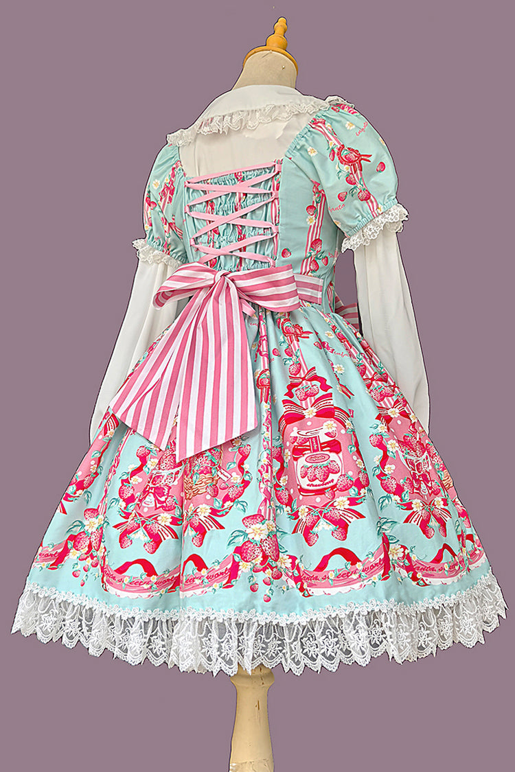 Strawberry Chef Short Sleeves Print Bowknot Lace Sweet Lolita Dress 4 Colors