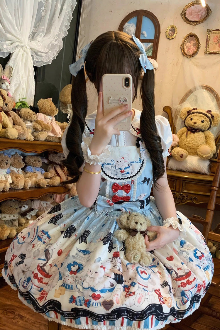 Blue Mystery Rabbit Tea Party Sleeveless Print Bowknot Lace Sweet Lolita Strap Dress