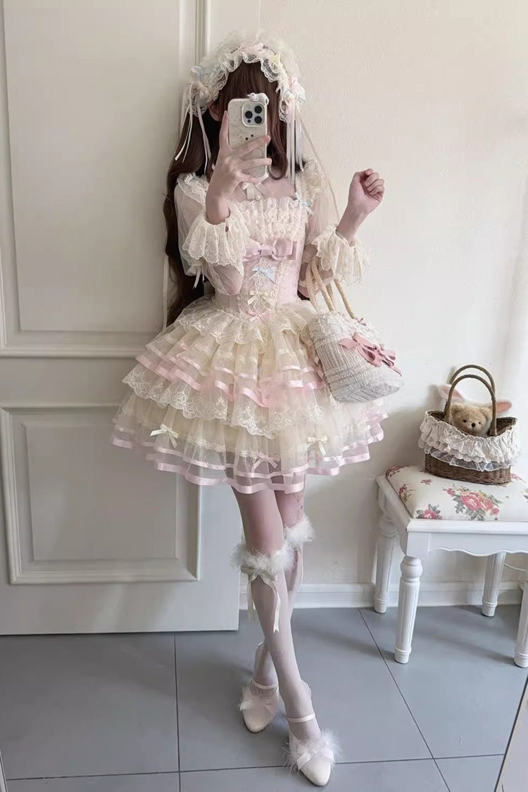 Pink Butterfly Heart Ballet Triple-Layered Ruffle Bowknot Lace Sweet Ballet Lolita Jsk Dress