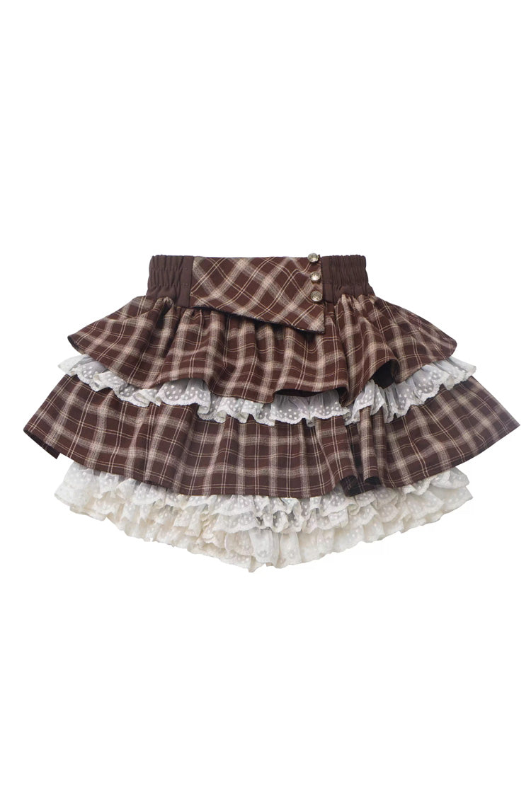 Brown Warm Summer Days Double-Layered Printed Ruffled Spliced Lace Sweet Lolita Skirt