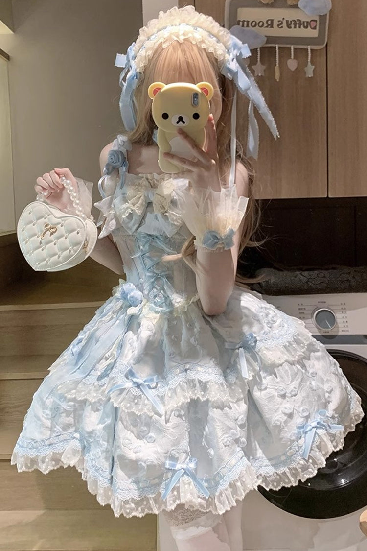Blue Floral Overture Double-Layered Ruffle Embroidery Bowknot Lace Sweet Lolita Jsk Dress