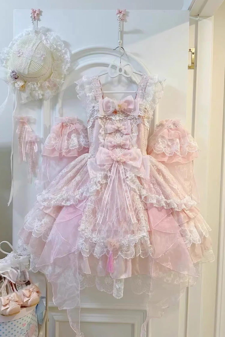 Pink Spring Waters Reflecting Pear Blossoms Ruffled Embroidered Open-Front Bow Lace Sweet Lolita Jsk Dress