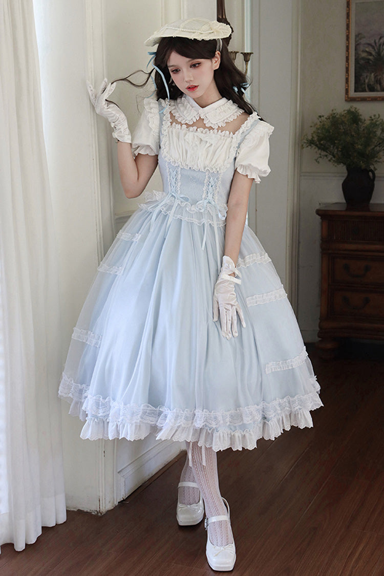 Light Blue Confession Poem Square Collar Short Sleeves Ruffle Sweet Elegant Lolita Dress Set
