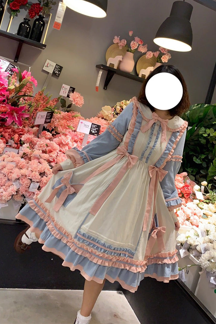 Blue/Pink Sweetheart Puff Doll Collar Long Sleeves Ruffle Bowknot Sweet Plus Size Lolita Dress