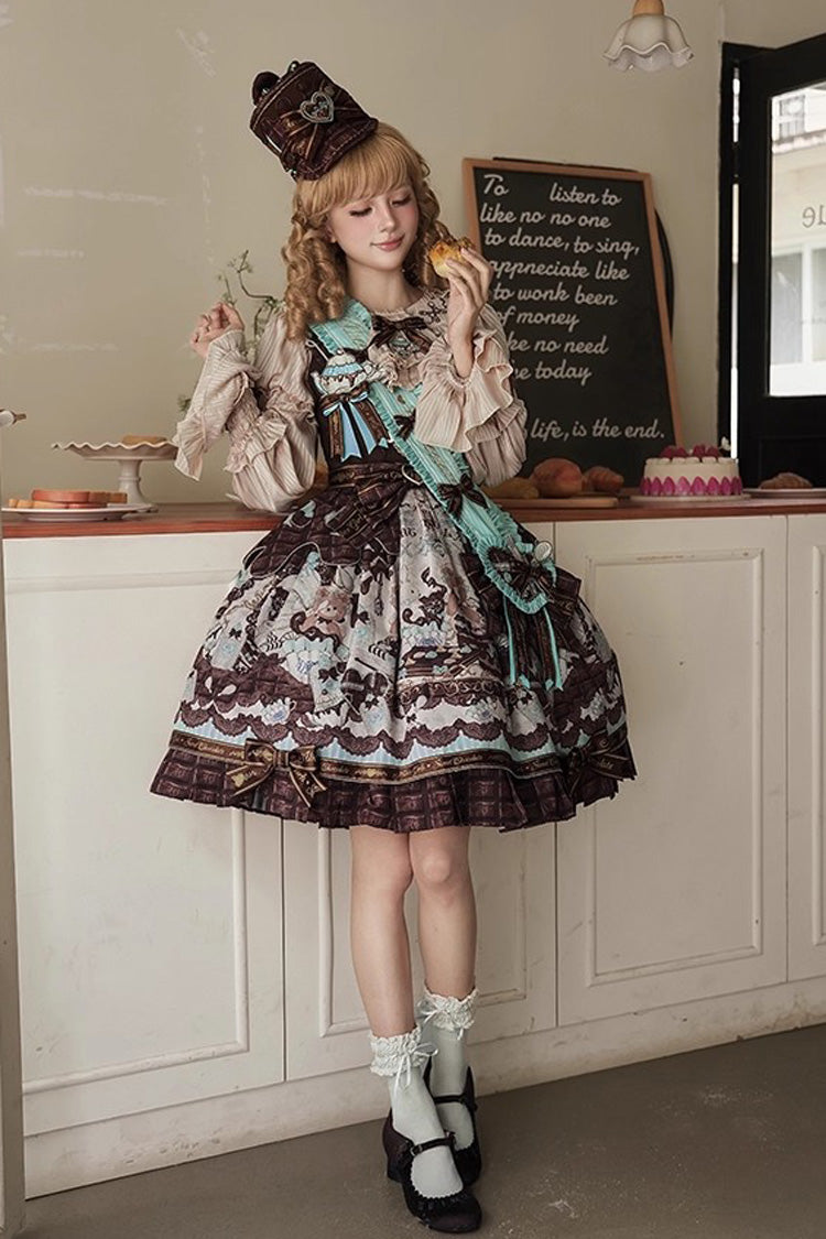 Brown Teddy Bear Chocolate Sleeveless Print Ruffle Bowknot Sweet Lolita Jsk Dress