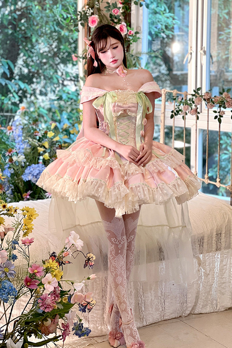 Pink Tulip Love Song Boat Neck Double-Layered Ruffle Bowknot Lace Lace-Up Romantic Sweet Princess Lolita Dress
