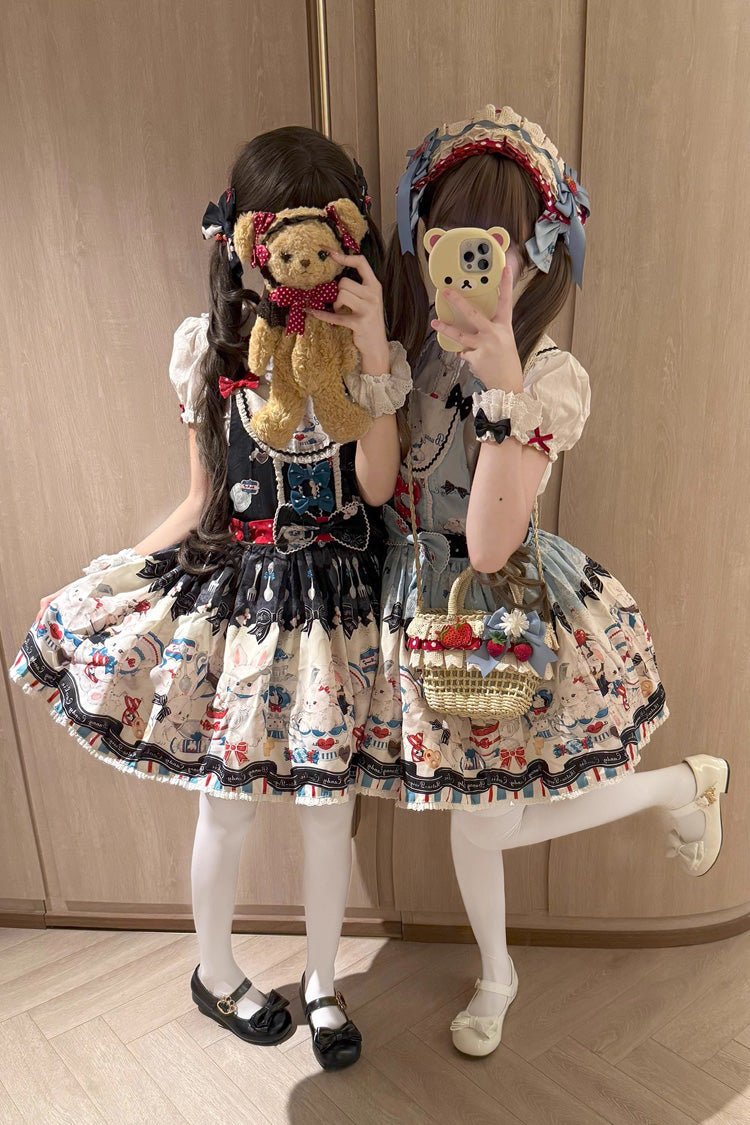 Black Mystery Rabbit Tea Party Sleeveless Print Bowknot Lace Sweet Lolita Strap Dress